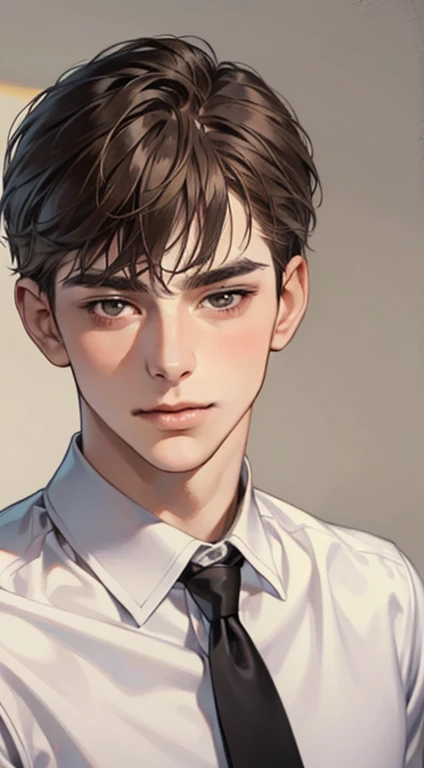masterpiece, best quality, realistic, 1man, mature male, quiet and charming young man, 25 year old, a smirk, closed mouth, portrait, extremely detailed face, a little distant, ((dark eyes)), ((short-right-swept dark brown hair)), [thick eyebrows], ((shirt)), handsome, distant shot