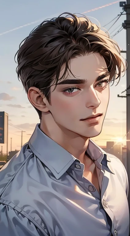 masterpiece, best quality, realistic, 1man,  male, quiet and charming young man, 25 year old, a smirk, closed mouth, portrait, extremely detailed face, a little distant, ((dark eyes)), ((short-right-swept dark brown hair)), [thick eyebrows], ((shirt)), handsome, distant shot
