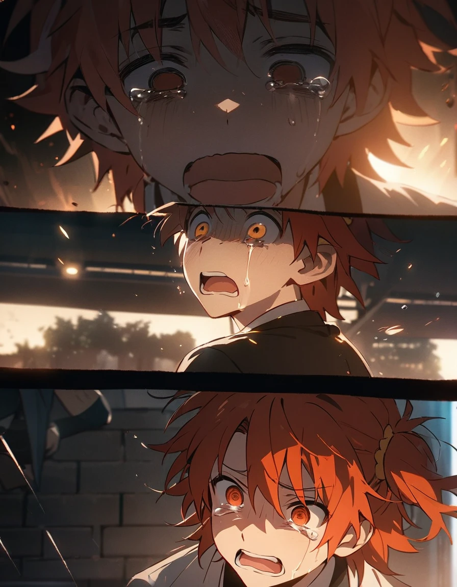 ( boy, Fujimaru ritsuka, ),  (motion lines, ), (cinematic lighting), ( ), ( empty eyes, ), ( tears, ), (tender expressions, ), (masterpiece, best quality, ultra detailed), 
