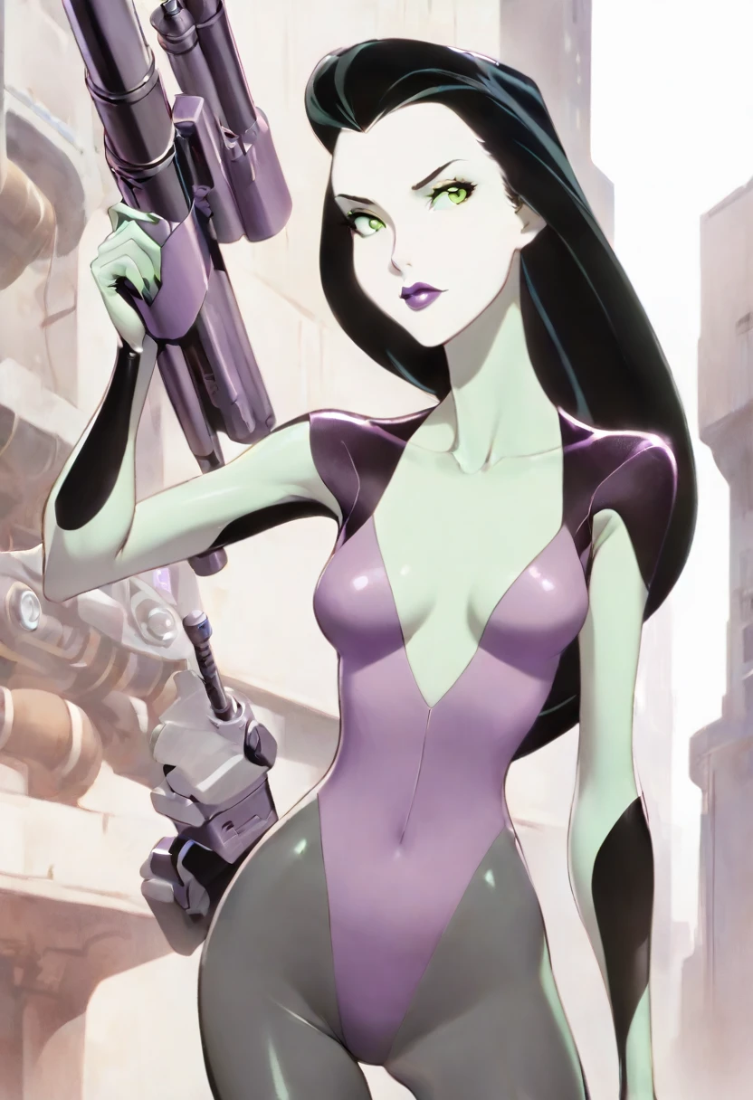 cartoon thin woman, long neck, long black hair, pale green skin, wearing a v-neck purple sci-fi body suit .. she is armed with an arm cannon, 