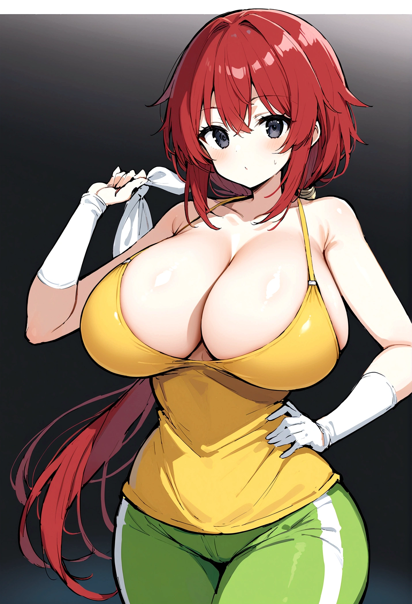 My name is Hikaru, I am a white test doll with long red hair and black eyes. I am 1.60 cm tall and weigh 46 kg. My breast sizes are 300 cm, my waist is 60 cm and my hips are 200 cm. Dressed in a yellow top along low-cut with green pants and hair with a low ponytail over my shoulder. With big breasts 300 cm