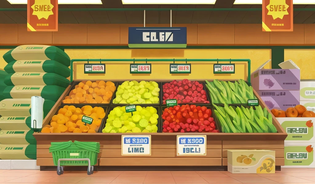 ((Best quality, high resolution, nffsw, Pixel Perfect, 4K, nffsw, nffsw))), ((Smooth texture:0.75, Realistic textures:0.65, Reality:1.1, Anime CG style)), Supermarket shelves, fruit, shopping basket, Carton, floor, 3d