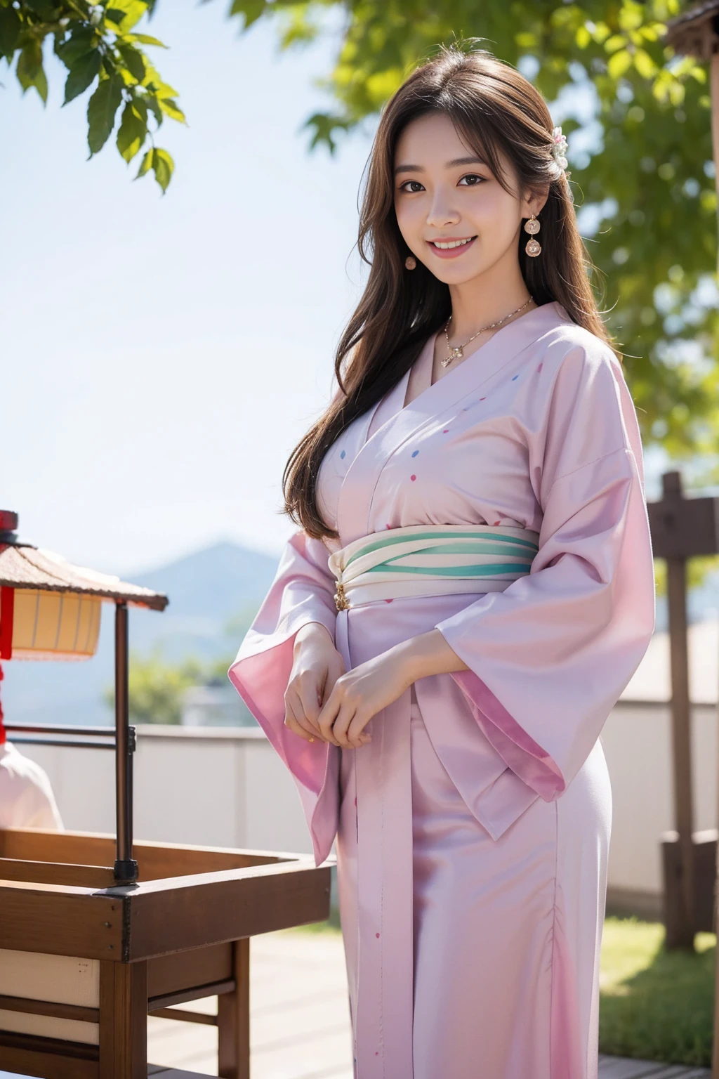 Highest quality,8K, Detailed facial depiction, Detailed description of the eyes,One Woman, Light brown hair(Medium-long hair),Beautiful Japanese Girl,24-years-old,Cute eyes,Cute Smile,Yukata beauty,A yukata with large polka dots on a white background,Slender body, Large, plump breast size, Long and beautiful legs,Smiling, Colorful earrings,necklace,Are standing,Beautiful nape,Japanese Summer Festivals,There are food stalls