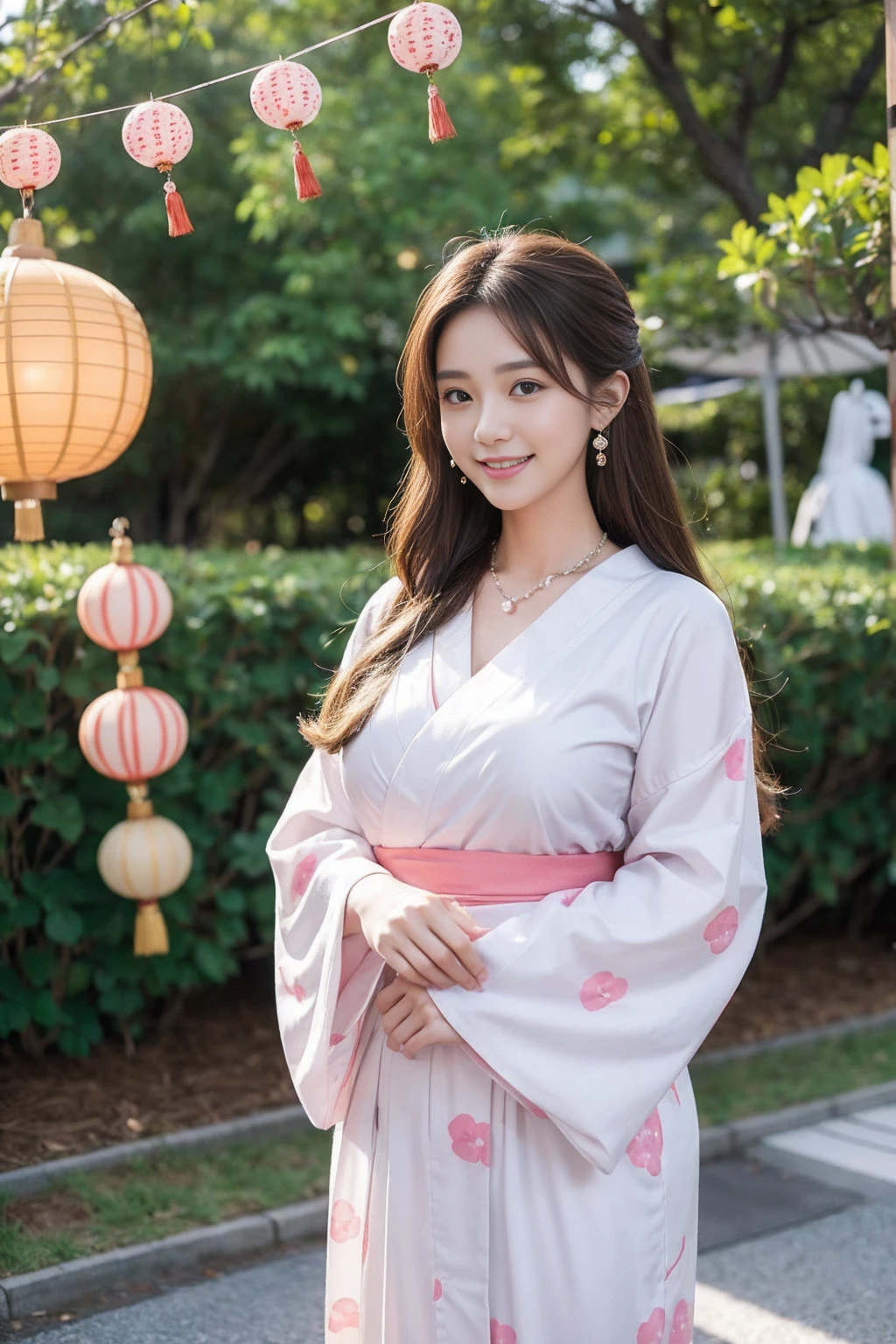 Highest quality,8K, Detailed facial depiction, Detailed description of the eyes,One Woman, Light brown hair(Medium-long hair),Beautiful Japanese Girl,24-years-old,Cute eyes,Cute Smile,Yukata beauty,A yukata with large polka dots on a white background,Slender body, Large, plump breast size, Long and beautiful legs,Smiling, Colorful earrings,necklace,Are standing,Beautiful nape,Japanese Summer Festivals,There are food stalls