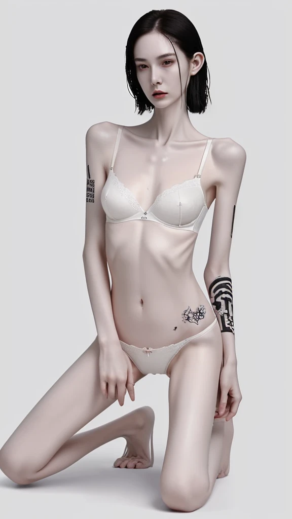 a woman, extremely thin body, visible bones, very slender, sweaty wet body, pale white skin, panties, bra, tattoo, full body, having mental breakdown, kneeling down
