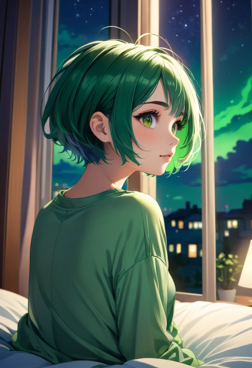 Cute girl with short hair relaxing in bed Night room Green hair Looking out the window 