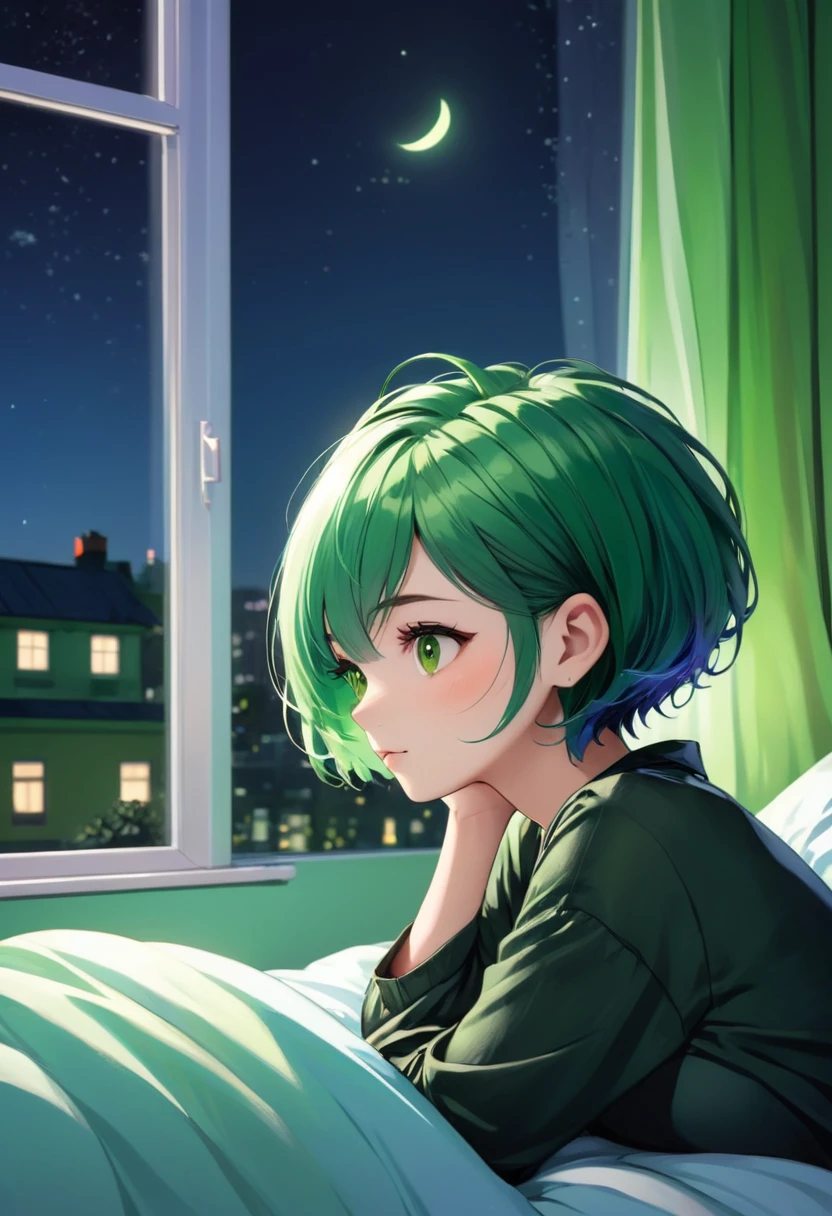 Cute girl with short hair relaxing in bed Night room Green hair Looking out the window 
