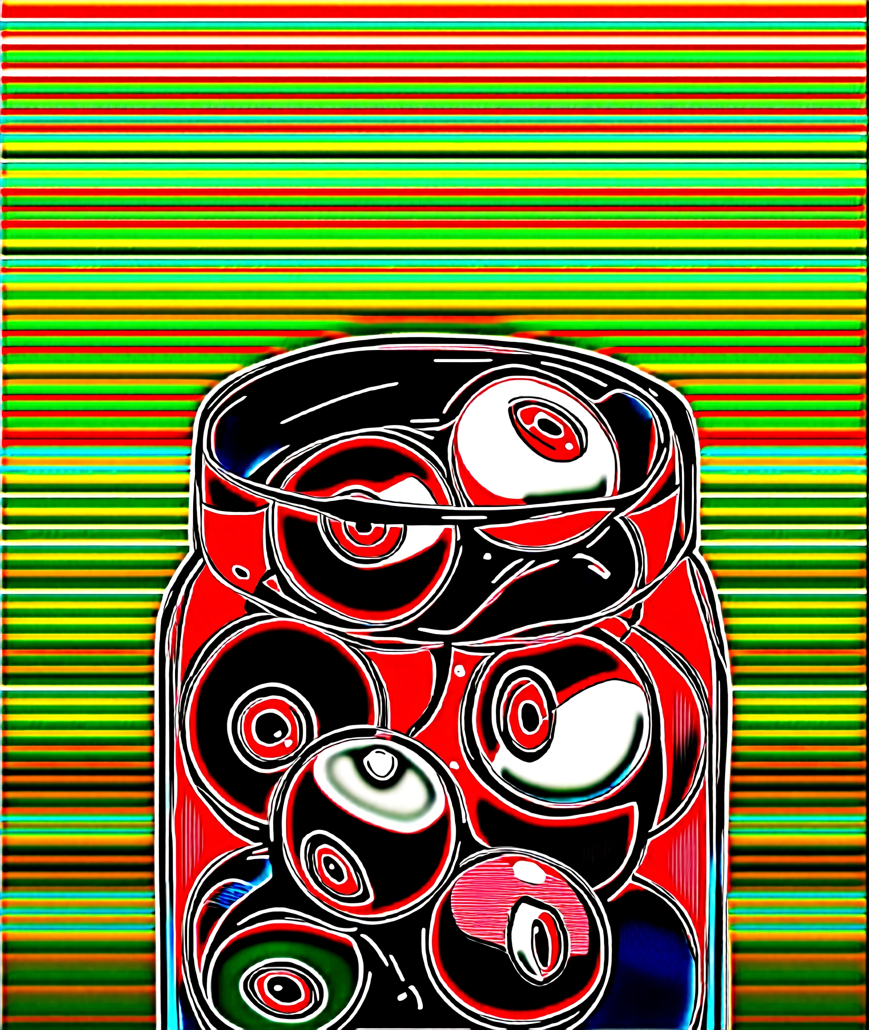 a glass jar filled with eyeballs, eyeballs, blood, early morning