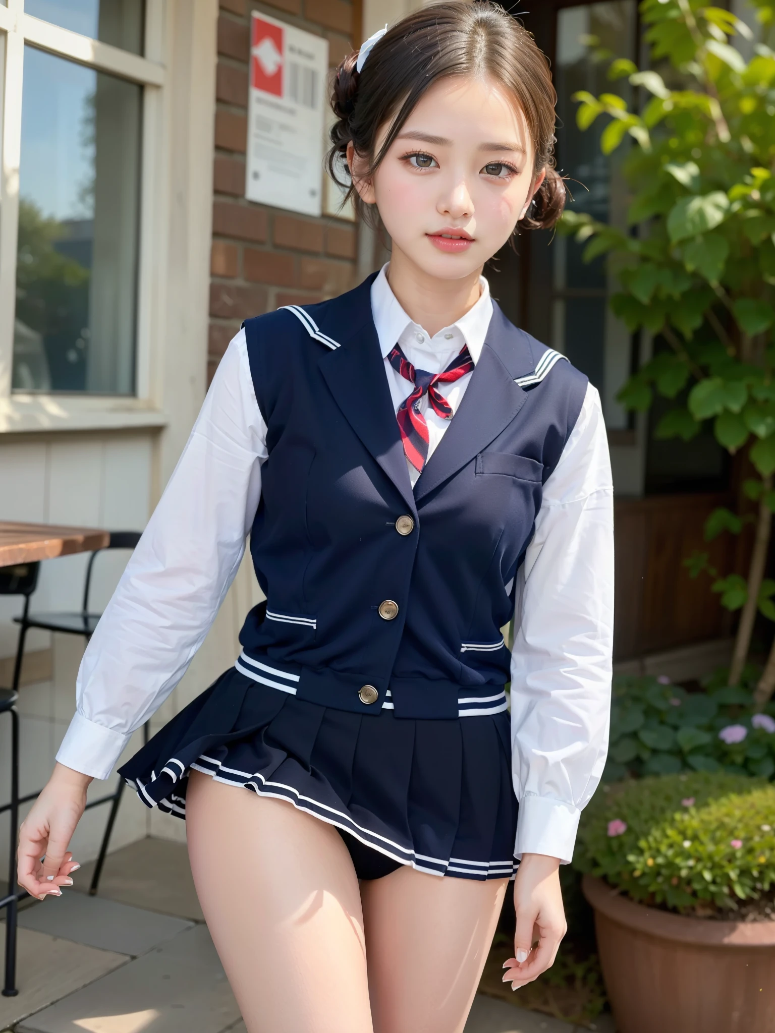 ((Best of the highest quality, 8k, Masterpiece, raw photo: 1.2)), (Sharp focus: 1.2), (1 AESPA, slim body type female, 21 y/o: 1.1), (Solo: 1.28), (realistic, photo-realistic:1.37), face focus, cute face, finely eyes, (droopy eyes: 1.32), (Emphasize prominent aegyo-sal with bright: 1.2), shimmering eyeshadow applied under the lower lash line, paired with thick, (small breasts, flat chest, Thigh: 1.3), (short messy hair, updo: 1.28), (wearing navy blazer school uniform, skirt: 1.32), (ribbon: 1.1), walking terrace dining, flower, (skirt is rolled up by the wind, from below: 1.16)