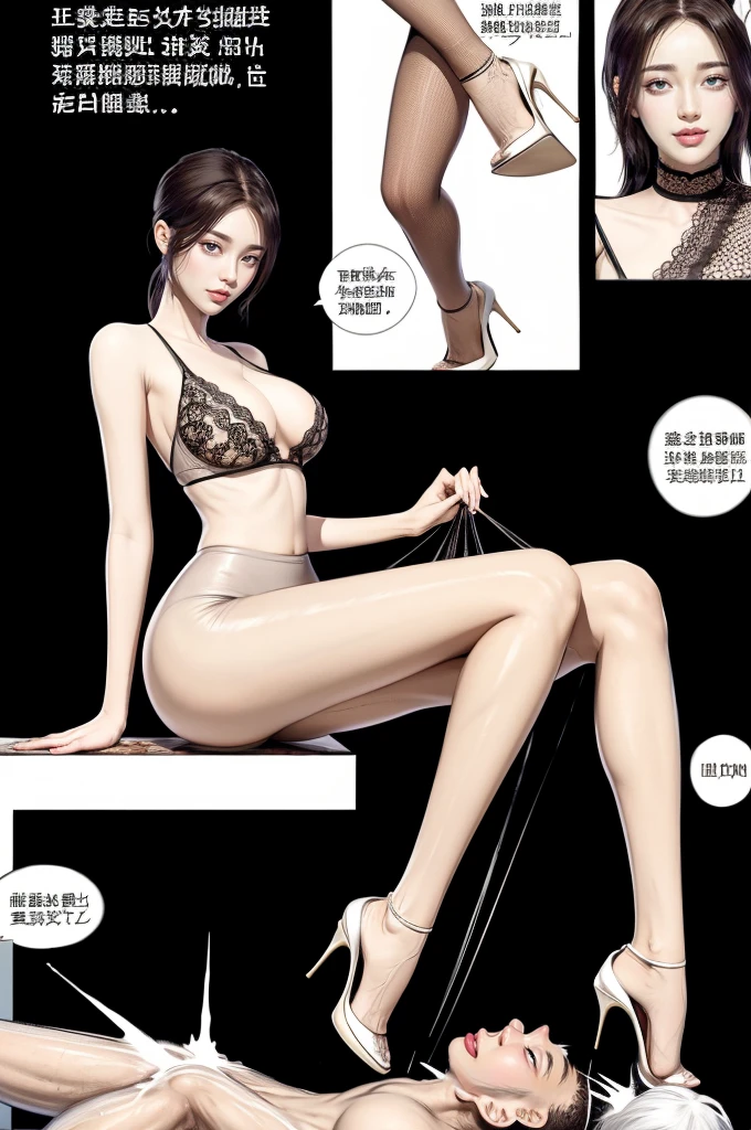 The beautiful girl in lace top and leggings is sitting astride a pile of skeletons in the center of the picture. She is holding a trembling sausage with juice squeezed out in her hand and smiling. There are multiple comic storyboards in the background,cbt, sausage bondage,sausage insertion,Sexy, trampling sausage with high heels heel,(masterpiece, best quality:1.2),1 beautiful girl,sexy,comic storyboard:2, leggings, sit astride, axially symmetrical:2, ,femdom,sounding,cbt,hold,smile,colorful,leggings,thin gap,cameltoe,insertion,trembling,juice,spray, Long hair,Lace top,Sexy, Shiny leggings, High heel,cleveage, trampling, in forest, saliva , Mucus,