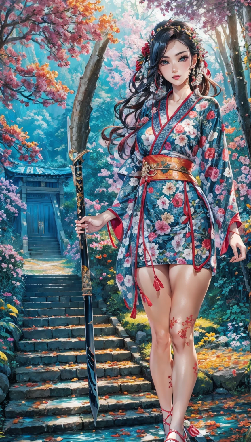 Clutching a naginata in one&#39;s right hand、Puddles at my feet、Feet are bare、The background is fresh green、moss、bamboo、The background is green、The steel of the naginata blade in his right hand shines black.、The background is early summer、The skin on the legs is exposed