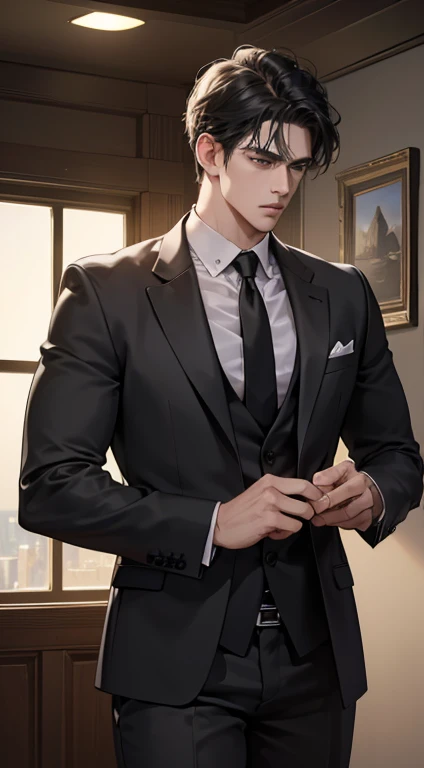 (best quality, masterpiece, 8K, photorealistic, cinematic lighting, hdr image, ultra detailed, beautiful image), 1 man, mature, very handsome, serious expression, short black hair, black eyes, arranging suit