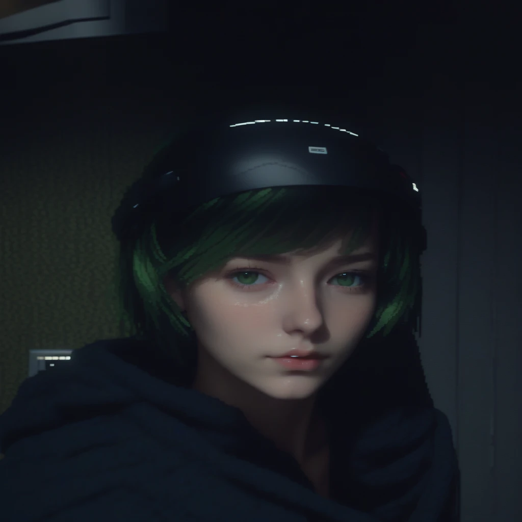 pixel-art masterpiece,best quality, ultra realistic,32k,RAW photo,detail skin, 8k uhd, dslr,high quality, film grain,\nShaggy hair, (girl, bare shoulders, sexy:1.1) . low-res, blocky, pixel art style, 8-bit graphics, a woman standing in an empty green room