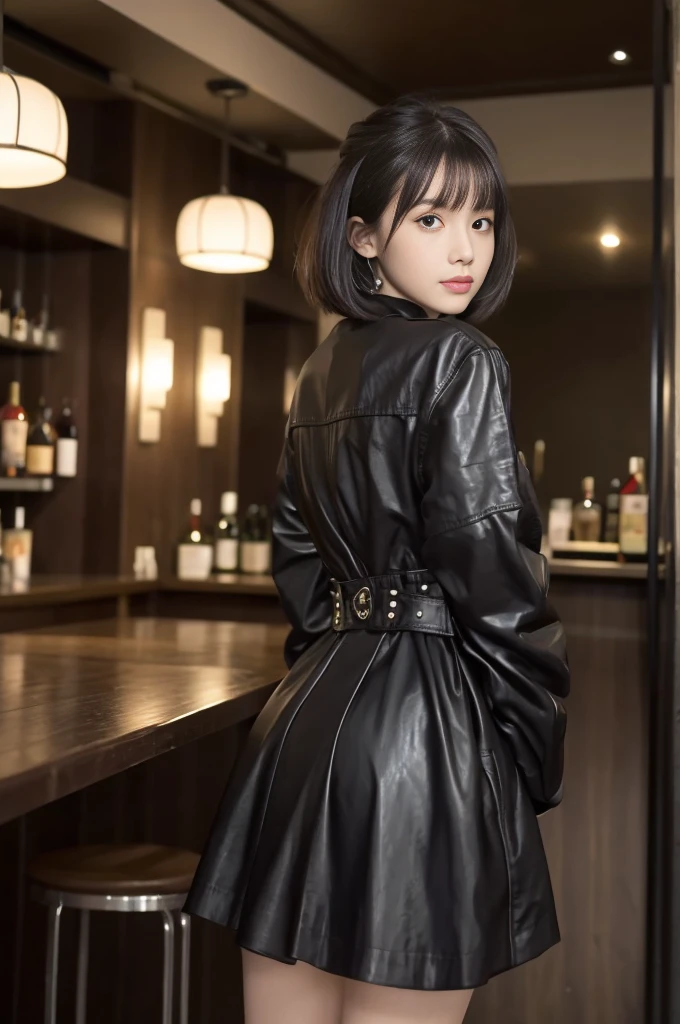 (best quality, Super detailed, masterpiece:1.2), 1 female, full body shot, shot from behind, very thin body, long and thin legs, black short hair, thick and fluffy bangs, highly detailed face, cosmetics free, small and thin nose, small thin mouth, very sharp focused eyes, Japanese, beautiful face, realistic eyes, fine and beautiful eyes, real looking skin, beautiful skin, charm, (lifelike face), beautiful hairstyle, dress, design with gothic elements, accessories include leather items and studs, chain is important, spooky and unique hairstyle, high image quality, vibrant color palette, mysterious and strange cityscapes, fantastic locations, Tim Burton's signature dark shadows and bizarre details, BAR,バーカウンター,acrobatic poses