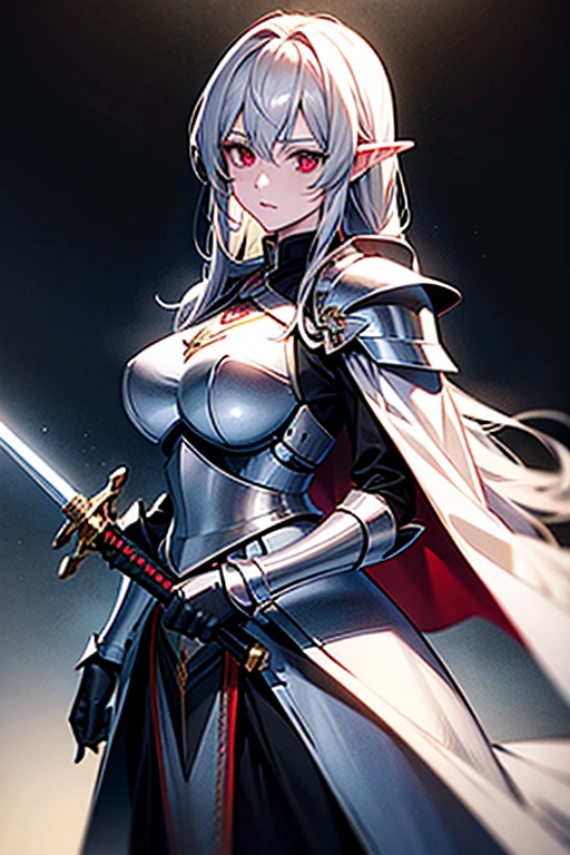 (masterpiece、Highest quality、High resolution、Highest quality、Realistic depiction)Created by Holy Knight Girl(Dark Elf)、princess、Swordsman、white髪ロング、Dark Calamity々Bright red eyes、Darkness attribute、Hold the holy sword and stand in front of you、Swordsmanの構え、Holy Knight Equipment(armor)Big Breasts、Cape(white)、　A sharp expression、Different world