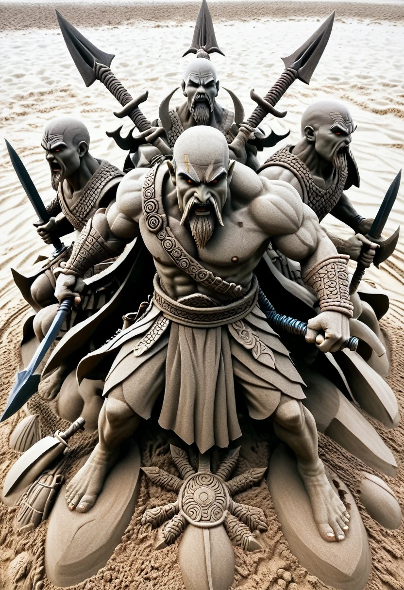 Sand sculpture style, The three-headed, eight-armed god of war wields six sharp weapons,Weave your way through the battlefield,Unrivaled Strength,Overwhelm the enemy,Strong sense of déjà vu。