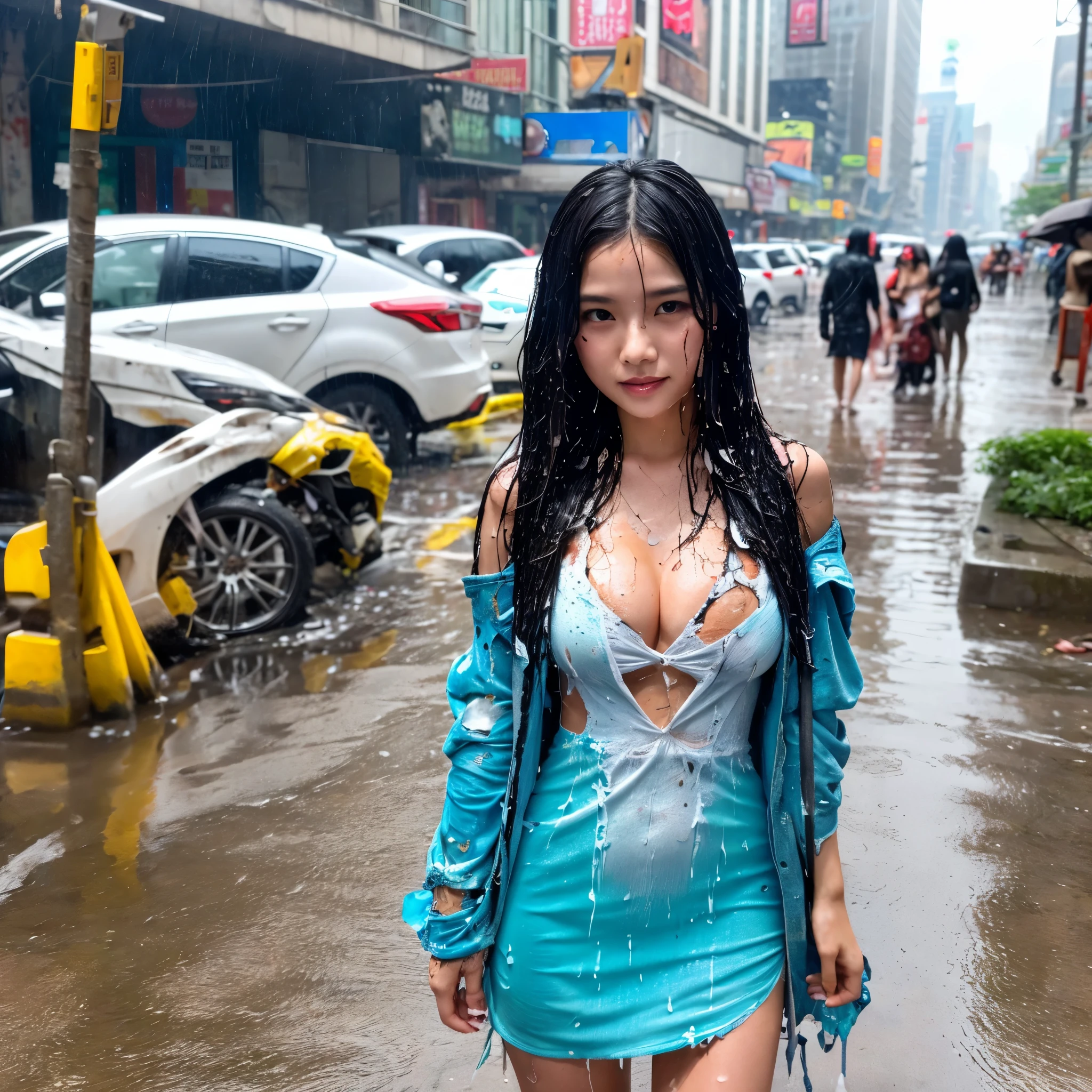 songkran,She walks along the sidewalks of a big city lined with buildings ,drenched, Dripping, Wet Face,Wet clothes, Wet Skin, Wet Hair,A young woman with a cute face like an idol,((Cleavage)),(((A dress that melts and disappears when it gets wet))),(((A melted and tattered dress))),((Full body portrait)),RAW Photos,Genuine,Genuine,High resolution,RAW Photos,masterpiece, beautiful