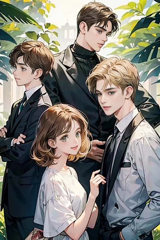 Friends, 3 boys, 1 girl,  brothers, different hair color, short dark hair and brown eyes, short blonde hair and green eyes, short brown hair and brown eyes, side by side, suit, smile, white clothe, 25 years old