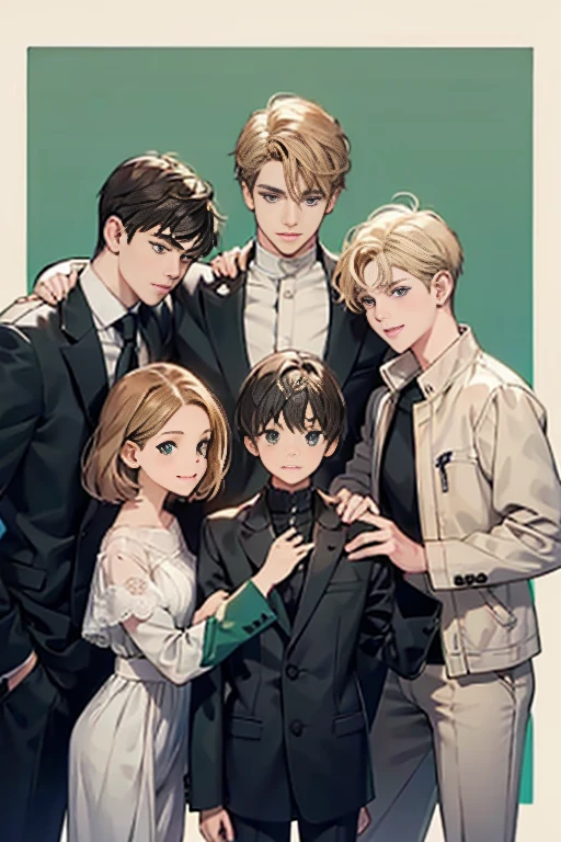 Friends, 3 boys, 1 girl, brothers, different hair color, short dark hair and brown eyes, short blonde hair and green eyes, short brown hair and brown eyes, side by side, suit, smile, white clothe, 25 years old