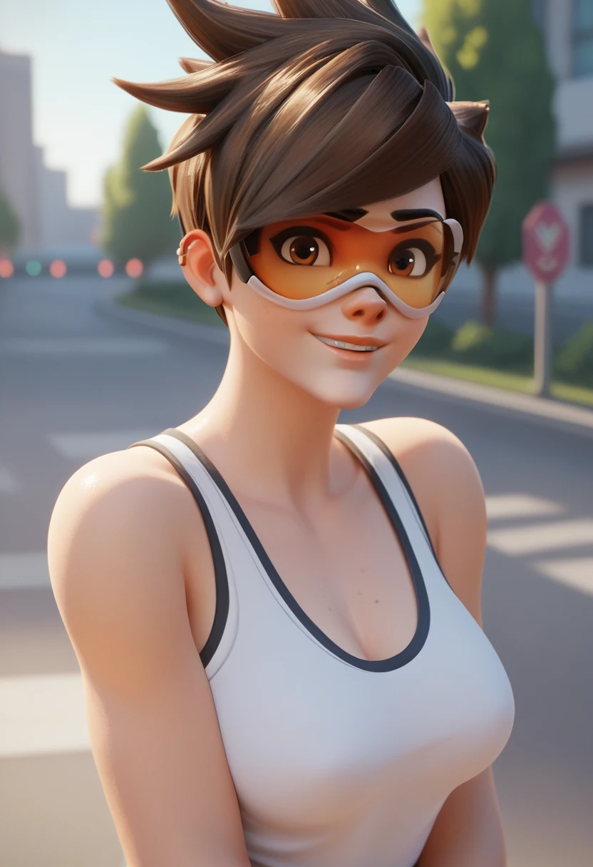 score_9,score_8_up,score_7_up,score_6_up ,source_overwatch score_9, score_8_up, score_7_up,  1girl, solo, tracer \(overwatch\), portrait, upper body, smile, looking at viewer, depth of field, outdoors,city, tank top,brown eyes,blonde hair, short hair, spiked hair