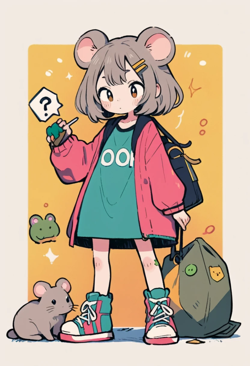 Create a full-body image of a girl who has a hobo clothing style and likes mice.