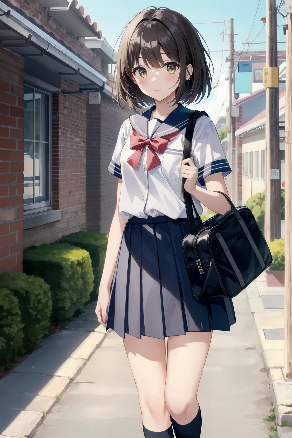 One Woman、((Junior High School Uniform))、Checked Skirt、Highest quality、Very delicate and beautiful、((Very short bangs))、((Bangs))、Light-colored hair、Brown Hair、Short Bob、Cute face、Cute like an idol、Yellow Eyes、Are thin、Slim figure、Short、 body type、Small Breasts,The background is a residential area、Shooting from the side、Walking、School bag、