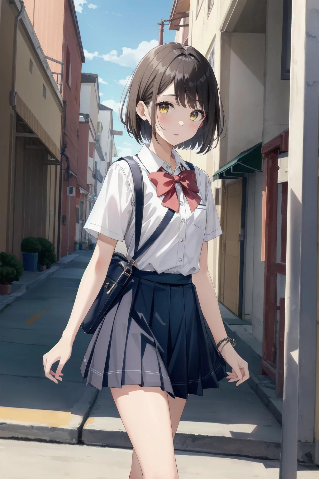One Woman、((Junior High School Uniform))、Checked Skirt、Highest quality、Very delicate and beautiful、((Very short bangs))、((Bangs))、Light-colored hair、Brown Hair、Short Bob、Cute face、Cute like an idol、Yellow Eyes、Are thin、Slim figure、Short、 body type、Small Breasts,The background is a residential area、Shooting from the side、Walking、School bag、