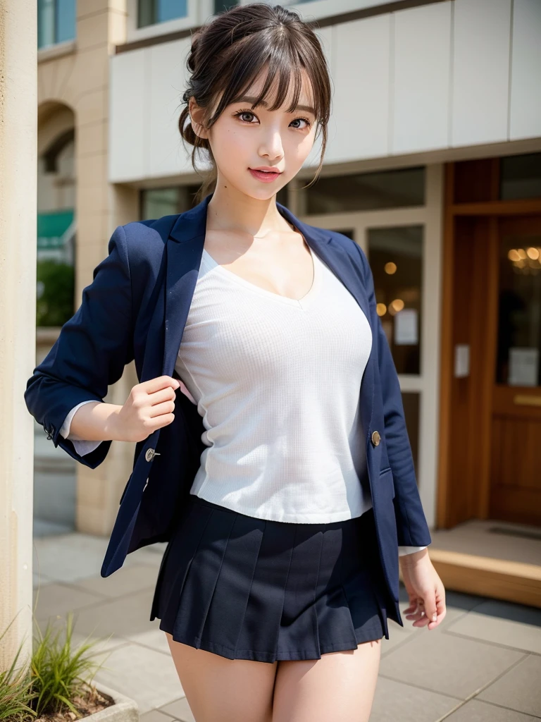 (((masterpiece))), (one beautiful japanese girl, classmate, innocence，cute) ，超A high resolution, realistic, Super detailed, 8K,highest quality, very detailed, detailed background,thin,very beautiful japanese girl, detailed face:1.3), (brown hair), (short bob hair), (baby face，cute系,adorable 14 year old girl), (perfect body:1.1), (brown blazer, light brown pleated mini skirt), provocative smile,show me your beautiful teeth,超detailed face、lip details、detailed eye、small gravure idol，transparent skin、，A Japanese high school with a school emblem on its chest、sexy pose，Please pay attention to your butt，Please think back，((the skirt is rolled up))、((Low-rise high-leg panties with a blue and white striped pattern are visible.))