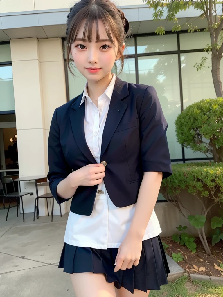 absurdres, RAW photo, extremely delicate and beautiful, masterpiece, Best Quality, ultra high resolution, 32k, hyperrealistic, ultra-detailed, perfect anatomy, super Detailed skin, perfect figure, in her 20s, very Slim body, narrow waist, very small head, very small face, delicate facial features, tearful mole, earring, thin legs, (very huge round breasts), ((full body shot)), short hair, (wavy hair), light brown hair, 1 girls, ((sweat)), ((school uniform)), (blazer),