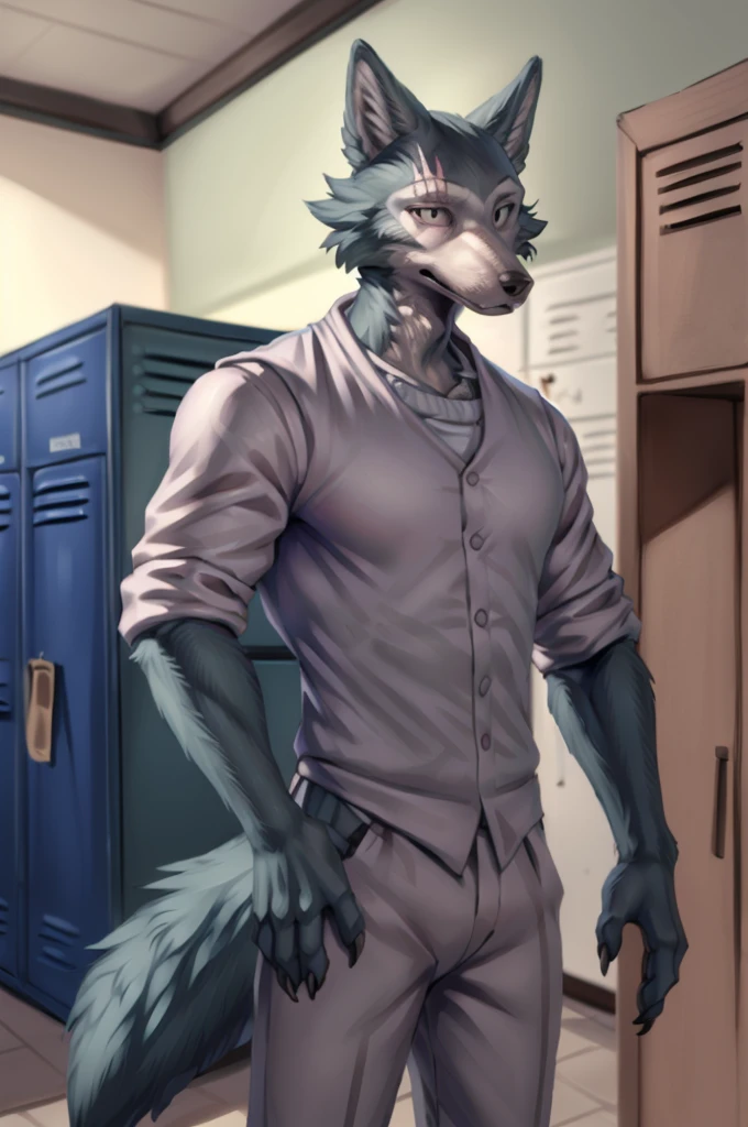 (by personalami, by hioshiru, by zackary911, by by null-ghost), male, wolf, solo, legoshi (beastars), locker room, standing, clothed, fully clothed, , topwear, bottomwear, safe, standing, muscular, claws, eye scar,