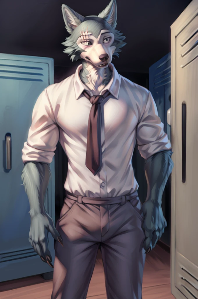 (by personalami, by hioshiru, by zackary911, by by null-ghost), male, wolf, solo, legoshi (beastars), locker room, standing, clothed, fully clothed, , topwear, bottomwear, safe, standing, muscular, claws, eye scar,