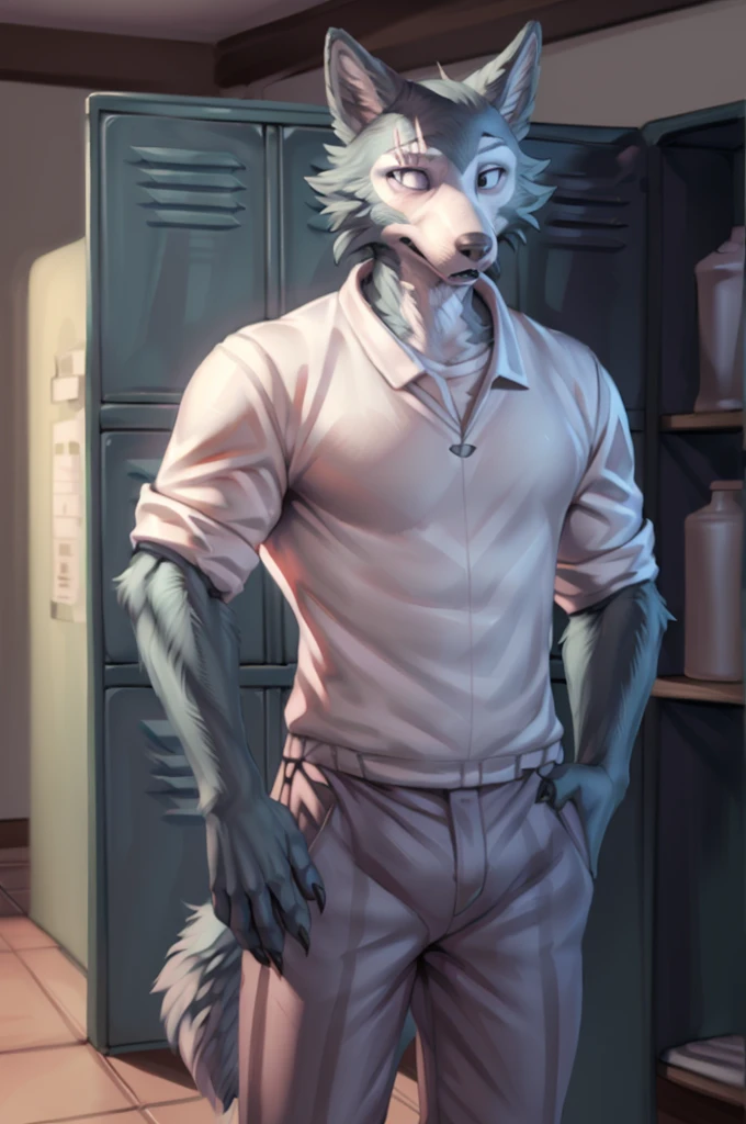 (by personalami, by hioshiru, by zackary911, by by null-ghost), male, wolf, solo, legoshi (beastars), locker room, standing, clothed, fully clothed, , topwear, bottomwear, safe, standing, muscular, claws, eye scar,