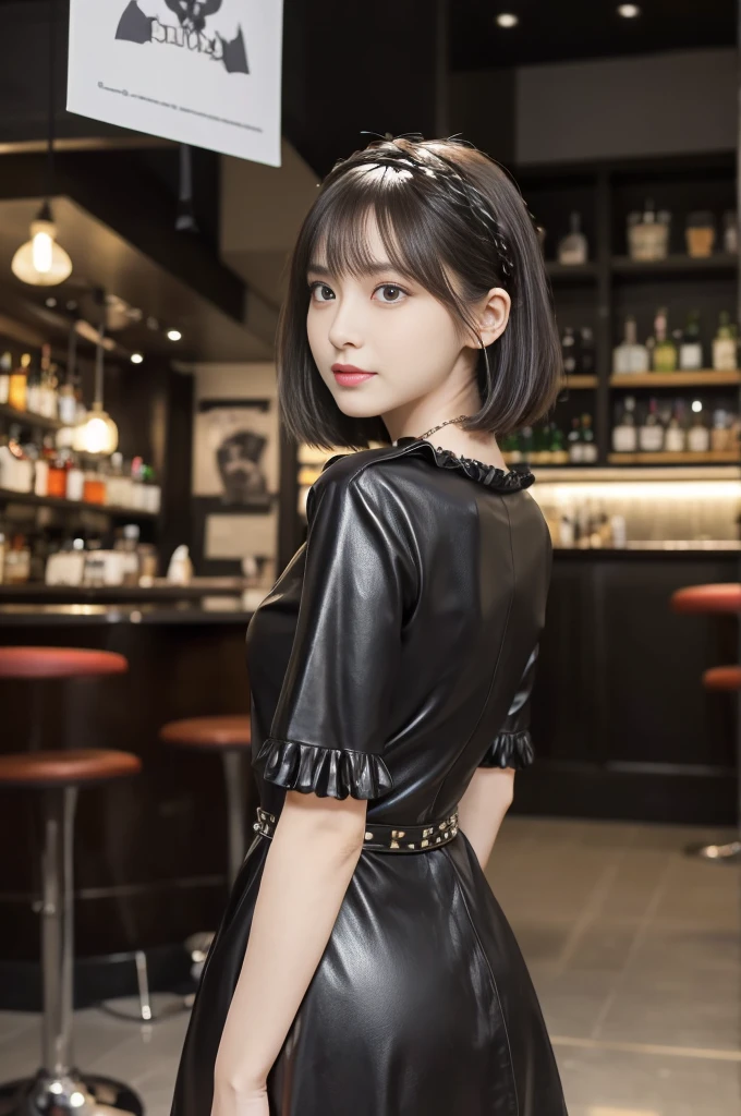(best quality, Super detailed, masterpiece:1.2), 1 female, full body shot, shot from behind, very thin body, long and thin legs, black short hair, thick and fluffy bangs, highly detailed face, cosmetics free, small and thin nose, small thin mouth, very sharp focused eyes, Japanese, beautiful face, realistic eyes, fine and beautiful eyes, real looking skin, beautiful skin, charm, (lifelike face), beautiful hairstyle, dress, design with gothic elements, accessories include leather items and studs, chain is important, spooky and unique hairstyle, high image quality, vibrant color palette, mysterious and strange cityscapes, fantastic locations, Tim Burton's signature dark shadows and bizarre details, BAR,バーカウンター,acrobatic poses