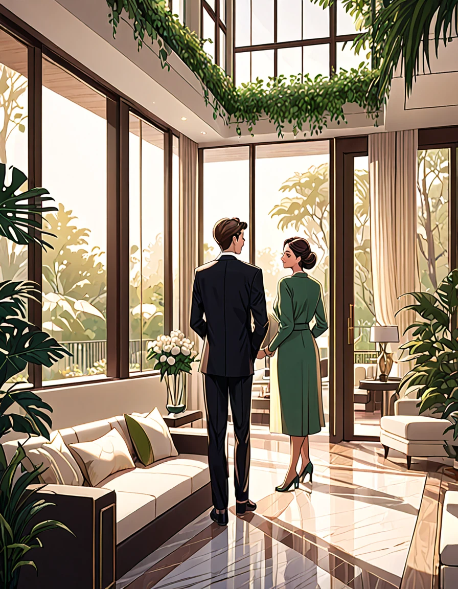 A beautiful illustration featuring a wealthy 25 year old boy proudly showing their luxurious modern home to his old mom. The home is elegant and sophisticated, seamlessly blending with the surrounding lush greenery. The scene exudes a warm, aesthetic vibe, with soft, inviting colors and gentle lines, capturing the love and pride in the young man's eyes as he presents their stunning residence to his mother. The mother is clearly older, with a kind and gentle appearance. the house features sleek architecture, large windows, and stylish design elements, ensuring a contemporary and luxurious feel. The overall atmosphere is serene and enchanting, evoking a sense of beauty, tranquility, and modern opulence,8k, highly detailed