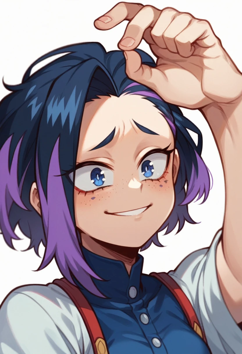 Screenshot of My Hero Academia, a girl with long blue, almost black hair with purple highlights, with sapphire blue eyes and purple spots like a galaxy and purple freckles, a tender and happy look wearing the boku no hero academia UA style