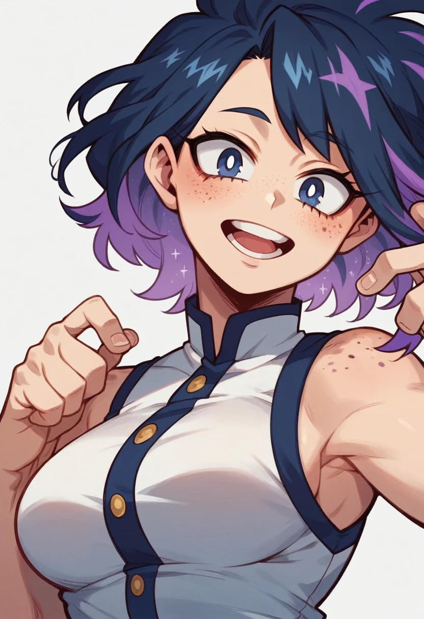 Screenshot of My Hero Academia, a girl with long blue, almost black hair with purple highlights, with sapphire blue eyes and purple spots like a galaxy and purple freckles, a tender and happy look wearing the boku no hero academia UA style