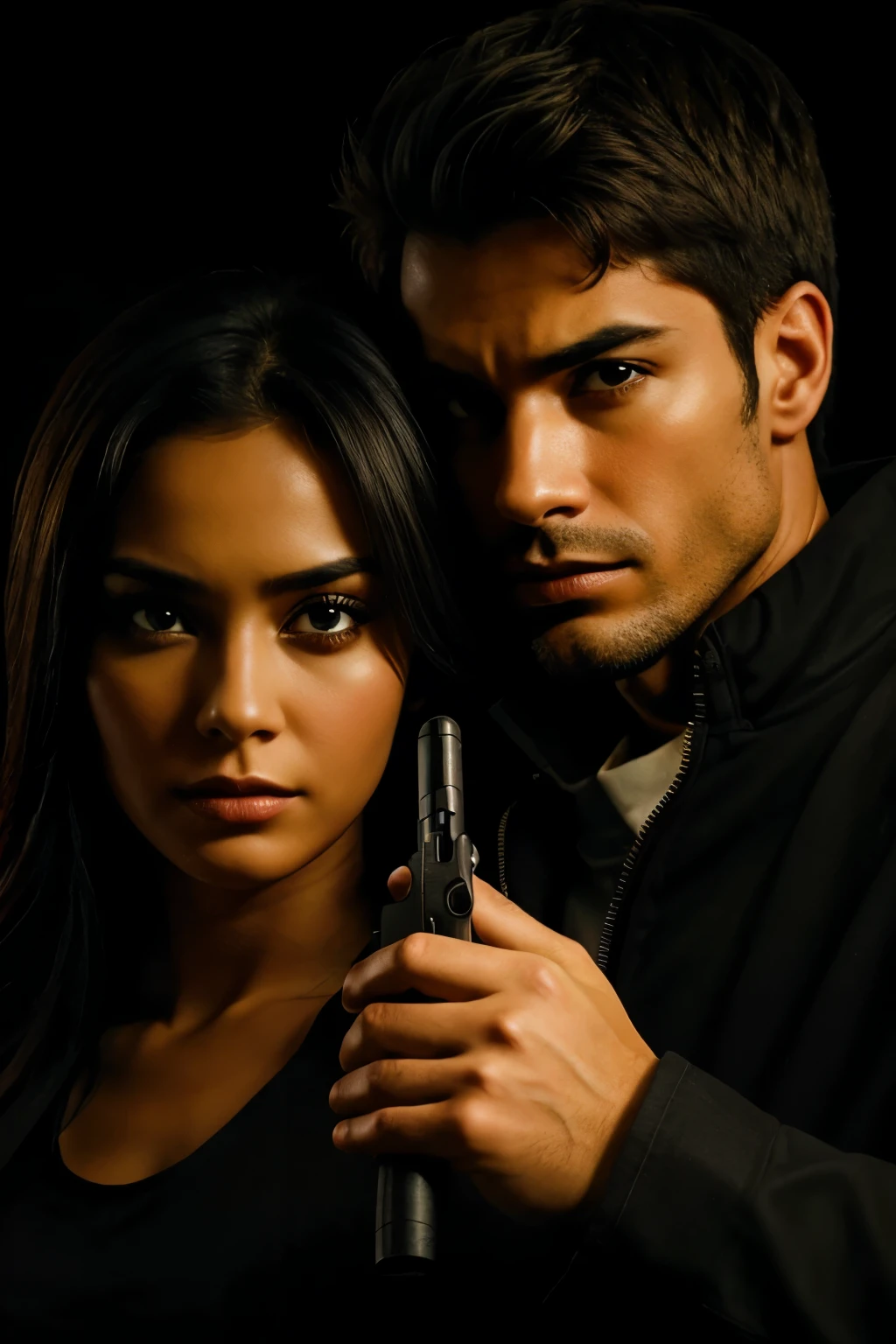 A man holding gun and his woman with a scare on her left eye ,dark background