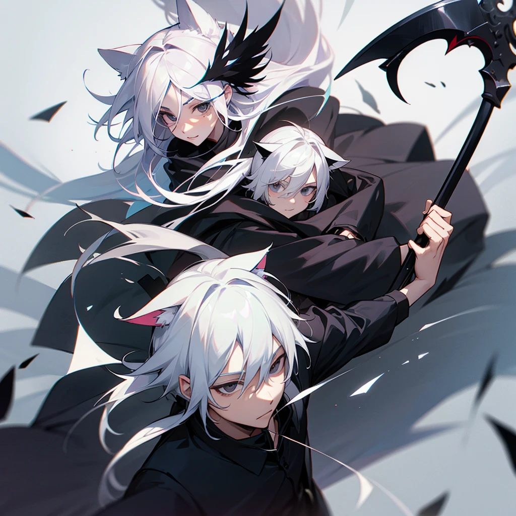 high school student,man,white hair,cat ears,black eyes,Crow,Scythe