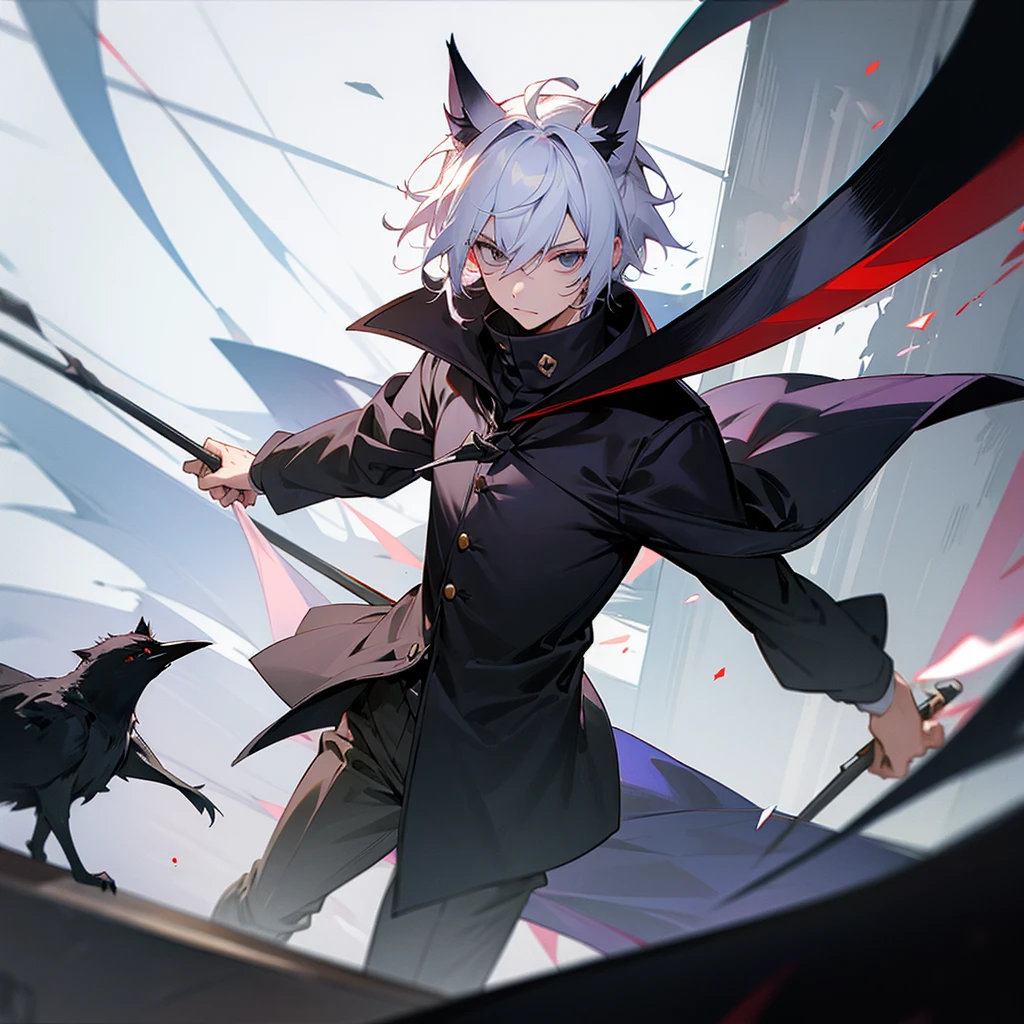 high school student,man,white hair,cat ears,black eyes,Crow,Scythe