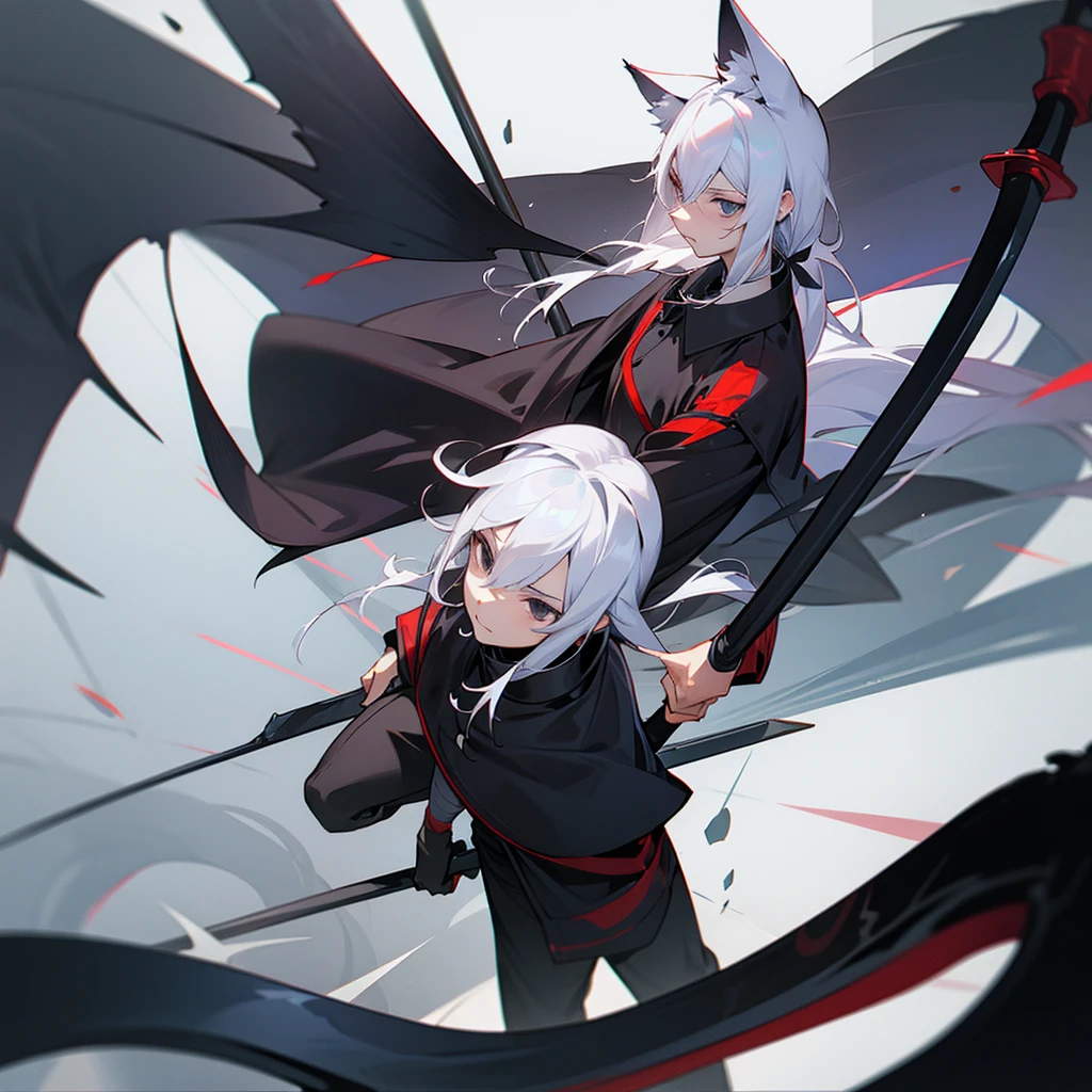 high school student,man,white hair,cat ears,black eyes,Crow,Scythe