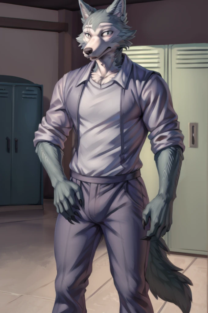 (by personalami, by hioshiru, by zackary911, by by null-ghost), male, wolf, solo, legoshi (beastars), locker room, standing, clothed, fully clothed, , topwear, bottomwear, safe, standing, muscular, claws, eye scar,
