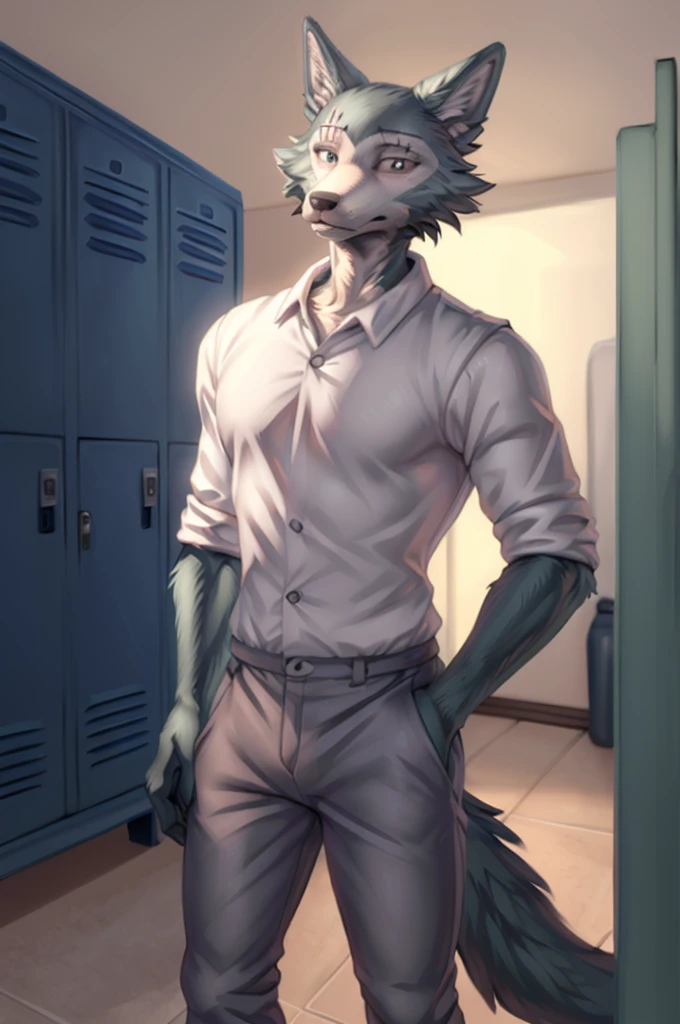 (by personalami, by hioshiru, by zackary911, by by null-ghost), male, wolf, solo, legoshi (beastars), locker room, standing, clothed, fully clothed, , topwear, bottomwear, safe, standing, muscular, claws, eye scar,