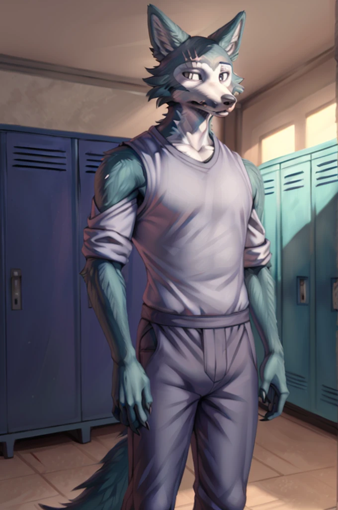 (by personalami, by hioshiru, by zackary911, by by null-ghost), male, wolf, solo, legoshi (beastars), locker room, standing, clothed, fully clothed, , topwear, bottomwear, safe, standing, muscular, claws, eye scar,