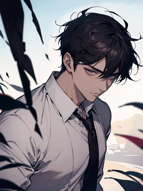 ultra detail,Haig Quality,outline,ung boy,matue,beautiful  face,(black short hair),handsome man,Pearl skin,shirt white short-sleeved,droopy eyes,japanese high school,dynamic angle,japanese anime,all-body,Look ahead