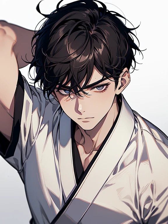 ultra detail,Haig Quality,outline,1 young boy,mature male,beautiful  face,(black short hair),handsome man,Pearl skin,shirt white short-sleeved,droopy eyes,japanese high school,dynamic angle,japanese anime,all-body,Look ahead