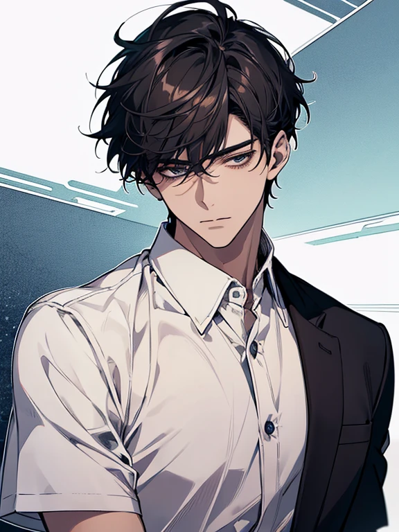 ultra detail,Haig Quality,outline,ung boy,mature male,beautiful face,(black short hair),handsome man,Pearl skin,shirt white short-sleeved,droopy eyes,japanese high school,dynamic angle,japanese anime,all-body,Look ahead