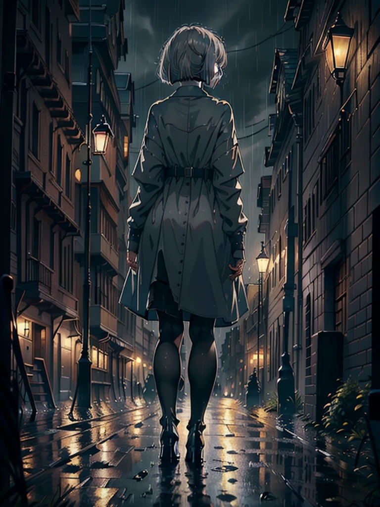 ((masterpiece)), ((best quality)), (ultra-detailed), ((extremely detailed)), 4K, (8K), best quality, a beautiful woman, ((beautiful light gray hair)), shiny hair, ((bob cut)), light blue eyes, freckled skin, 20 years old,
Back view, full body, ((night, warm street, dark)), deserted city, standing in middle of street, ((black rencoat, rain, heavy rain, raindrops visible)), wet ground, hands in pockets, tall, black booties, ((solo, 1girl))