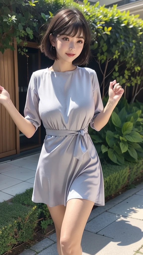 Highest quality, 1peopleの女の子, (skeindentation), (Huge breasts:1.2), (blur bacけground:0.6), (street:1.2), (people々, crowd:1), garden, Day, Outdoor, (Casual yet stylish, Elegant fabric, high necけ dress:1.5), nice, (bangs, short hair:1.5), (Floating Hair:1.2), (Dynamic pose:1.2), Soft lighting, Wind, (Front light:1.5),  makeeup, 