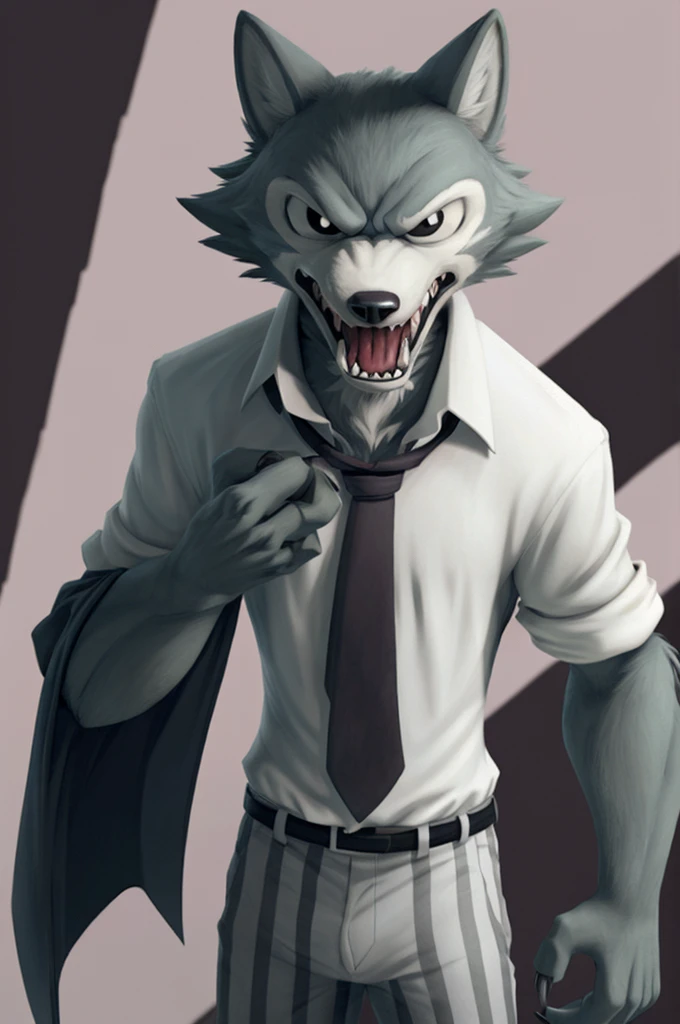 best quality, masterpiece:1), furry male anthro legoshi wolf, solo, standing, bare chest, body fur, white dress shirt, open shirt, grey necktie, striped pants, sleeves rolled up, looking at viewer, open mouth, sharp teeth, angry, abstract background, detailed octane render, black eyes, small pupils, tail,