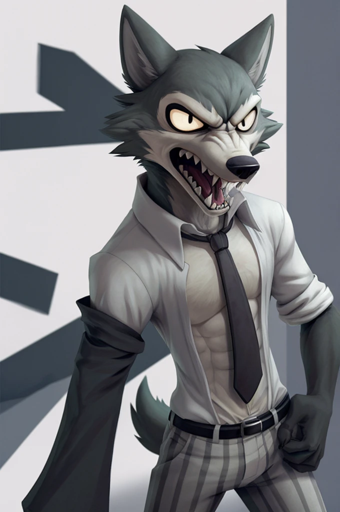 best quality, masterpiece:1), furry male anthro legoshi wolf, solo, standing, bare chest, body fur, white dress shirt, open shirt, grey necktie, striped pants, sleeves rolled up, looking at viewer, open mouth, sharp teeth, angry, abstract background, detailed octane render, black eyes, small pupils, tail,